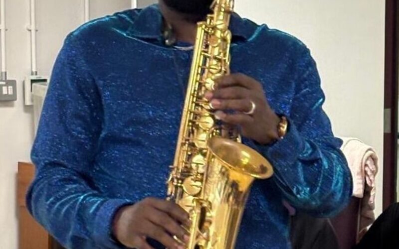Jazz Saxophonist Mike Aremu playing the saxophone at ECL Chelmsford Day Centre.