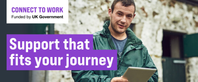 Connect to work image of a man with an ipad and the wording support that fits your journey
