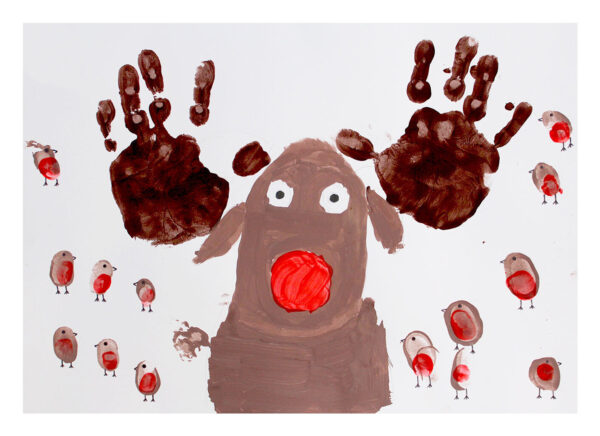 Christmas card with picture of reindeer with hand prints for antlers