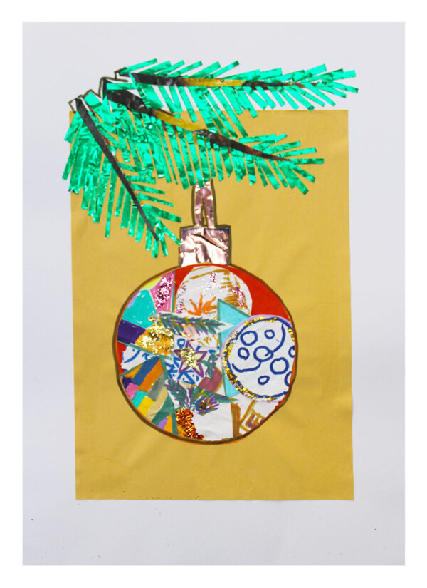 Christmas card featuring a hand made bauble and Christmas tree branches