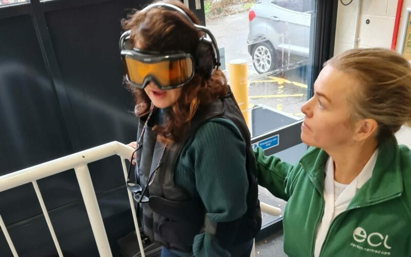 2 people walking up stairs