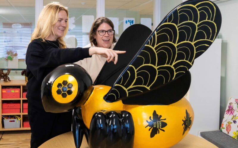 Sisters Jen and Lorna with one of the Buzz in the City bees that Lorna helped to paint at ECL Highfields.