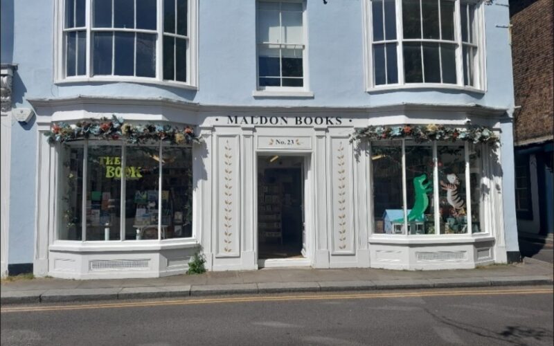 Exterior view of Maldon Book Shop. Wide view taken from the other side of the street.