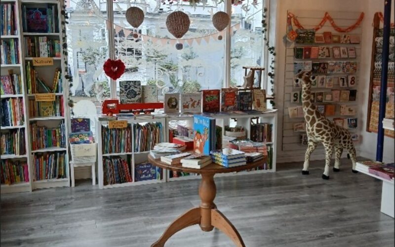 Internal photo of the new part of the shop showing the window display from the inside and a clear floor area with a small table display of books in the middle. There is a large giraffe in the right hand side of the shot.