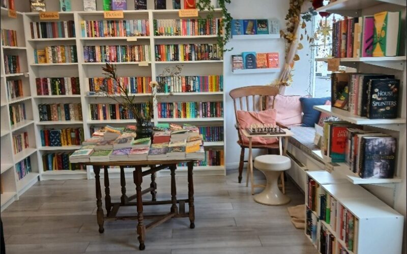 Interior photo of Maldon Books after the accessibility improvements - view of book shelves and reading nook with table in the middle of the floor featuring book displays.
