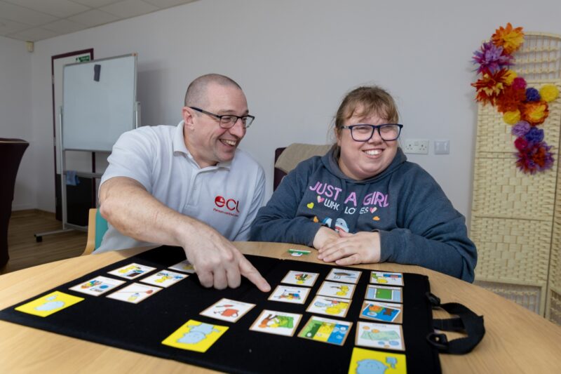 Positive Behaviour Support advisor uses a talk mat to understand Lorna's need and preferences