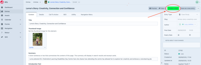 Screenshot highlight the "Create a draft" button