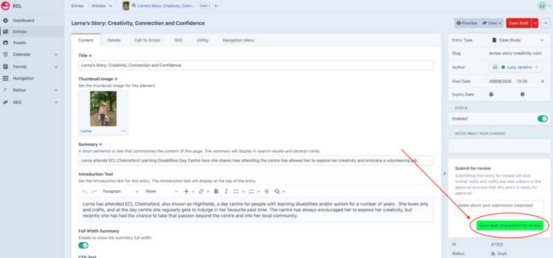 Screenshot highlight the "Save draft and submit for review" button