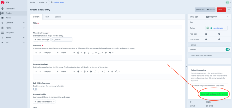 Screenshot highlighting the "Save draft and submit for review" button