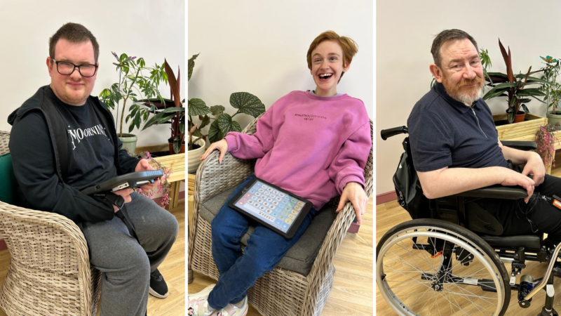 Pictures of three people put together - first one on the left is of a man with glasses, sitting down and playing with an ipad while looking at the camera. He's wearing grey sweat pants, black tshirt and black hoodie. Image in the middle represents a woman sitting in a chair and leaning back. She's wearing a pink hoodie, jeans and white trainers. The image to the right showcases a man with a grey beard sitting in a wheelchair and looking at the camera.