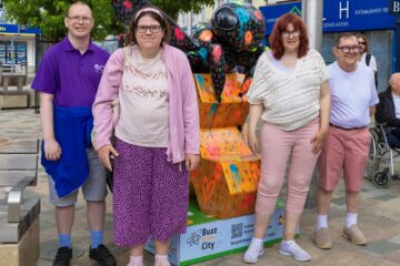 ECL Customer Lorna visiting the Buzz in the City art trail in Chelmsford with her friends from the centre.