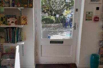 The inside doors of Maldon Books front door.