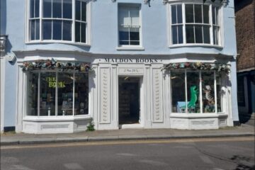 Exterior view of Maldon Book Shop.  Wide view taken from the other side of the street.