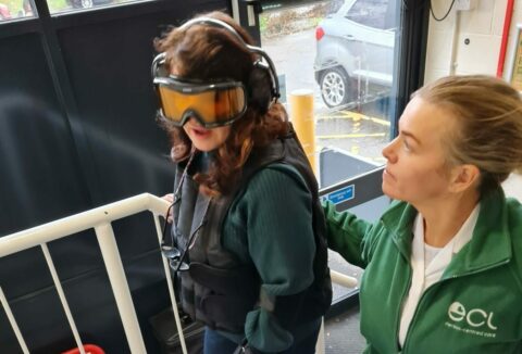 2 people walking up stairs