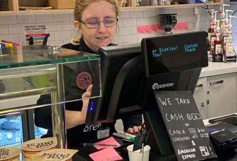 ECL Inclusive Employment customer Kim working at Just Brew in County Hall
